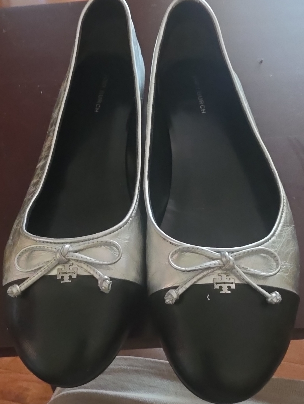Tory Burch Silver Metallic and Black Cap-Toe Ballet Flats